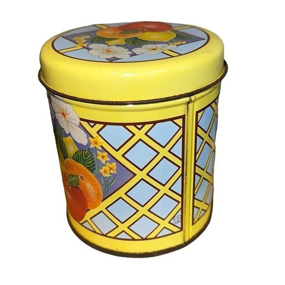Vintage decorative Boston Apricot Tea Tin fruit + lid  yellow, fruit, flowers - Picture 6 of 9